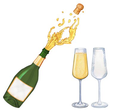 Patlayan mantar ve suluboya resimlerle şampanya şişesi açılıyor. İzole edilmiş arka planda şenlikli köpüklü şarabın el çizimi görüntüsü. Menü ve çubuk için Clipart.