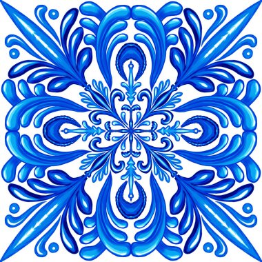 Geleneksel Azulejo seramik fayansları. Kumaş ve duvar kâğıdı için el çizimi İtalyan baskısı. Mavi renkli Sicilya majolikası. Akdeniz tarzı süs.