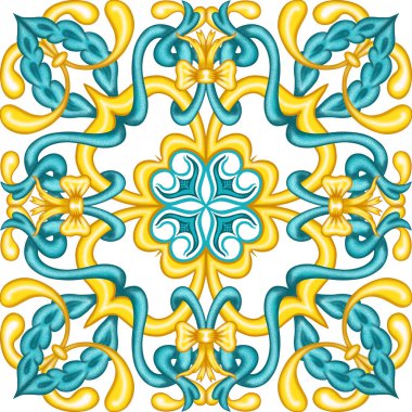 Geleneksel Azulejo seramik fayansları. Kumaş ve duvar kâğıdı için el çizimi İtalyan baskısı. Sicilya majolikası mavi ve sarı renklerde. Akdeniz tarzı süs.