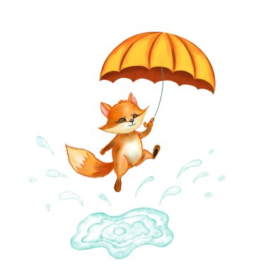Şirin tilki şemsiyeyi elinde tutuyor ve suluboya resimlerin üzerinde zıplıyor. İzole edilmiş arka planda elle çizilmiş sonbahar ormanı hayvan resmi.