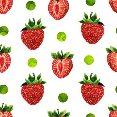 Çilekli ve benekli suluboya desenli. Sonsuz arka plan ve tekstil için el yapımı kırmızı böğürtlen. Kumaş için yaz baskısı.