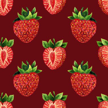 Kırmızı çilekler suluboya desenli. Elle çizilmiş olgun kesim ve tüm böğürtlen. Kumaş ve duvar kağıtları için sonsuz bir arka plan. Yaz baskısı.
