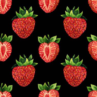 Kırmızı çilekler suluboya desenli. Elle çizilmiş olgun kesim ve tüm böğürtlen. Kumaş ve duvar kağıtları için sonsuz bir arka plan. Yaz baskısı.