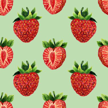 Kırmızı çilekler suluboya desenli. Elle çizilmiş olgun kesim ve tüm böğürtlen. Kumaş ve duvar kağıtları için sonsuz bir arka plan. Yaz baskısı.