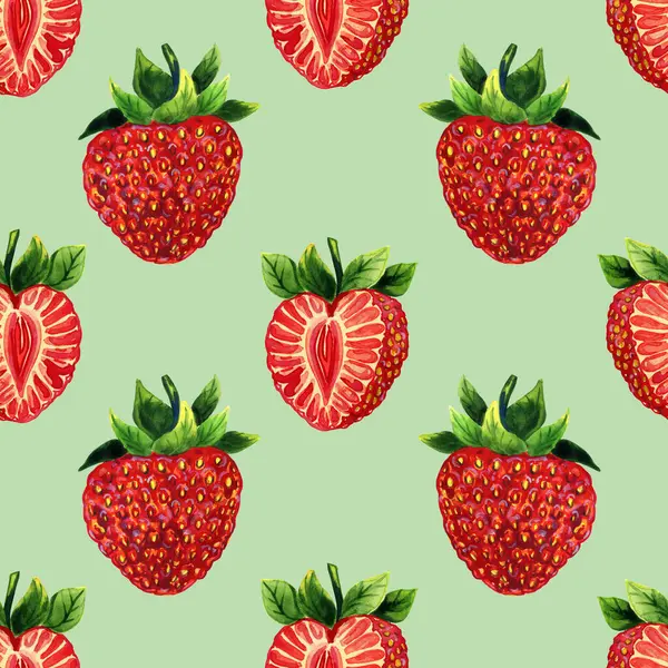 Kırmızı çilekler suluboya desenli. Elle çizilmiş olgun kesim ve tüm böğürtlen. Kumaş ve duvar kağıtları için sonsuz bir arka plan. Yaz baskısı.