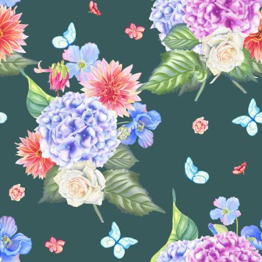 Narin çiçek ortancaları ve güller suluboya desenleri. Pastel renkli buketler ve kelebekler el yapımı kumaş ve ambalaj için sonsuz bir zemin çizdiler. Düğün tasarımı için düğün arka planı.