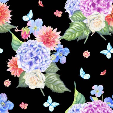 Narin çiçek ortancaları ve güller suluboya desenleri. Pastel renkli buketler ve kelebekler el yapımı kumaş ve ambalaj için sonsuz bir zemin çizdiler. Düğün tasarımı için düğün arka planı.
