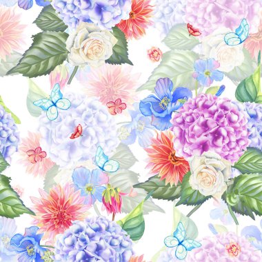Narin çiçek ortancaları ve güller suluboya desenleri. Pastel renkli buketler ve kelebekler el yapımı kumaş ve ambalaj için sonsuz bir zemin çizdiler. Düğün tasarımı için düğün arka planı.