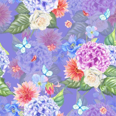 Narin çiçek ortancaları ve güller suluboya desenleri. Pastel renkli buketler ve kelebekler el yapımı kumaş ve ambalaj için sonsuz bir zemin çizdiler. Düğün tasarımı için düğün arka planı.