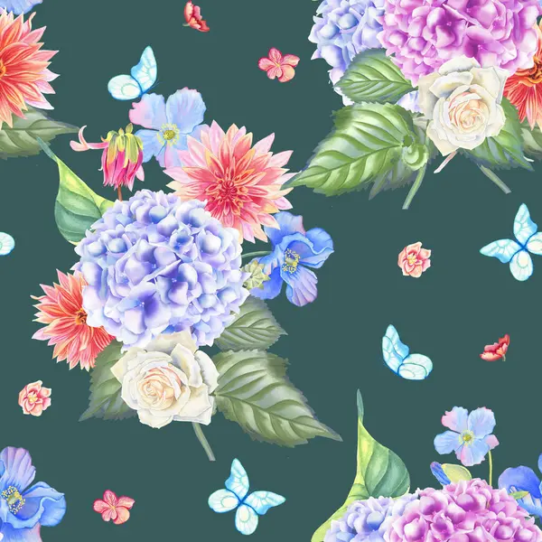 Narin çiçek ortancaları ve güller suluboya desenleri. Pastel renkli buketler ve kelebekler el yapımı kumaş ve ambalaj için sonsuz bir zemin çizdiler. Düğün tasarımı için düğün arka planı.