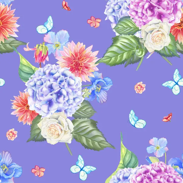Narin çiçek ortancaları ve güller suluboya desenleri. Pastel renkli buketler ve kelebekler el yapımı kumaş ve ambalaj için sonsuz bir zemin çizdiler. Düğün tasarımı için düğün arka planı.