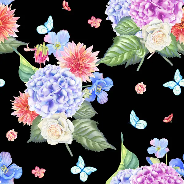 Narin çiçek ortancaları ve güller suluboya desenleri. Pastel renkli buketler ve kelebekler el yapımı kumaş ve ambalaj için sonsuz bir zemin çizdiler. Düğün tasarımı için düğün arka planı.