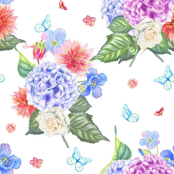 Narin çiçek ortancaları ve güller suluboya desenleri. Pastel renkli buketler ve kelebekler el yapımı kumaş ve ambalaj için sonsuz bir zemin çizdiler. Düğün tasarımı için düğün arka planı.