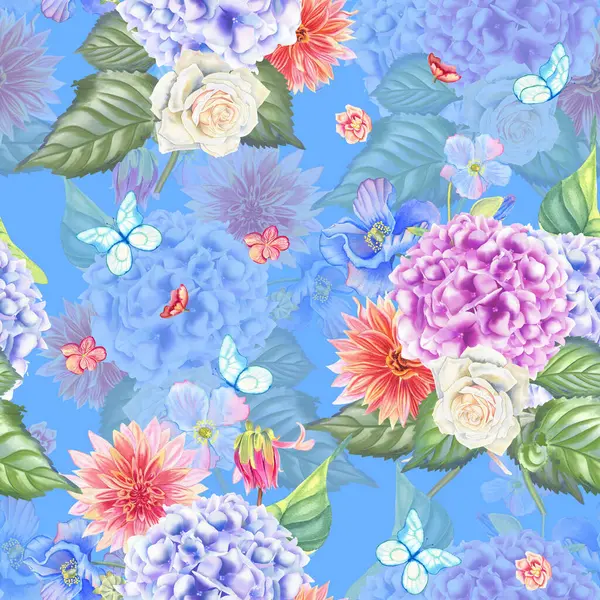 Narin çiçek ortancaları ve güller suluboya desenleri. Pastel renkli buketler ve kelebekler el yapımı kumaş ve ambalaj için sonsuz bir zemin çizdiler. Düğün tasarımı için düğün arka planı.