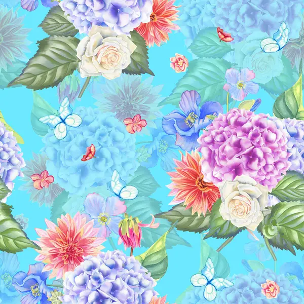 Narin çiçek ortancaları ve güller suluboya desenleri. Pastel renkli buketler ve kelebekler el yapımı kumaş ve ambalaj için sonsuz bir zemin çizdiler. Düğün tasarımı için düğün arka planı.
