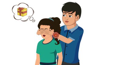 Tatlı kız kardeş Rakhi 'yi bağlarken hediye olarak komik Raksha Bandhan karikatür sahnesini düşünüyor.