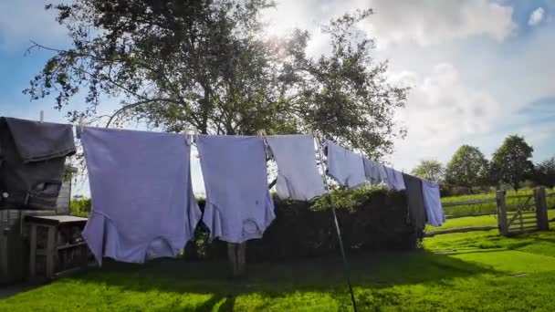 Güneşli Bir Günde Açık Hava Işi Sahnesi Yeni Yıkanmış Giysiler — Stok video