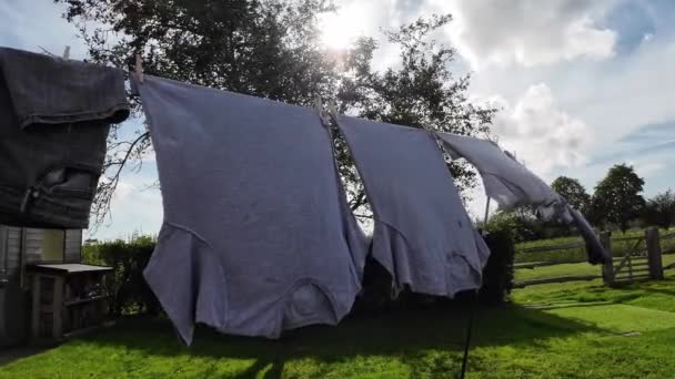 Scene Outdoor Housework Sunny Day Freshly Laundered Clothes Hanging Line — Stock Video