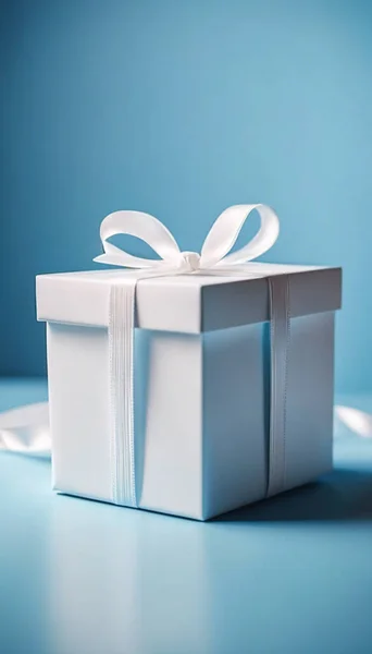 white gift box on a plain blue background
