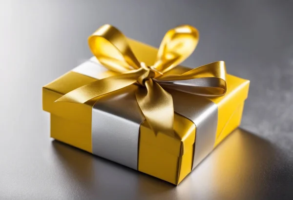 yellow gift box on a plain silver background