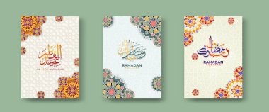 set Islamic cover background template with arabic calligraphy and ornamental colorful detail of floral mosaic islamic art ornament, for ramadan event and eid al fitr event and other users.Vector illustration.