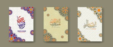 set Islamic cover background template with arabic calligraphy and ornamental colorful detail of floral mosaic islamic art ornament, for ramadan event and eid al fitr event and other users.Vector illustration.