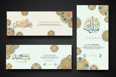 Arap kaligrafi ve İslami geometrik desen arka planında 3 boyutlu kağıt çiçeklerle Kurban Bayramı konsepti afişi. Vektör illüstrasyonu.