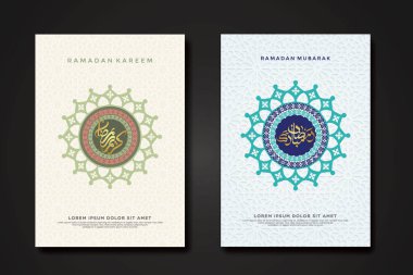 Ramazan olayının arka plan şablonunu kaligrafi Arap raamazanı, daire şeklindeki çiçekli mozaik İslami sanat süsü ve arka plandaki doku efekti detaylarıyla ayarla. Vektör illüstrasyonu.