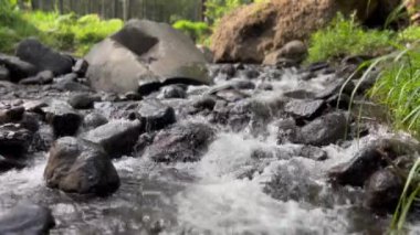 Nehir kamp alanının dağlarındaki kayalık kıyılar boyunca akar. Endonezya 'nın Doğal Harikaları.