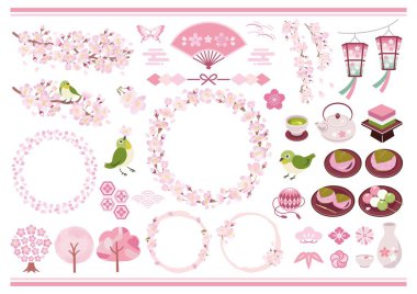Cherry blossom frame and spring Japanese style material illustration set