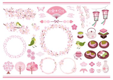 Cherry blossom frame and spring Japanese style material illustration set clipart