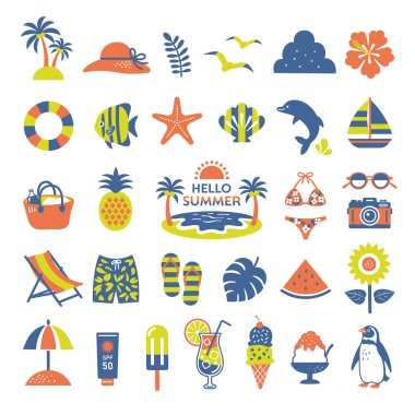 Sticker style summer icon set clipart