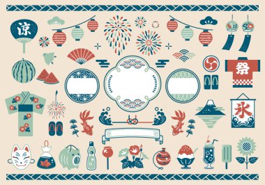 Japanese frame and summer festival icon set clipart
