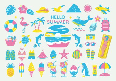 Yaz ve deniz çizimleri. Tropik, seyahat, ikon, plaj