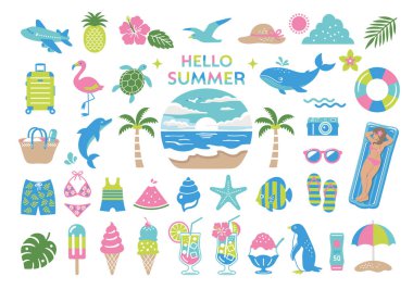 Yaz ve deniz çizimleri. Tropik, seyahat, ikon, plaj