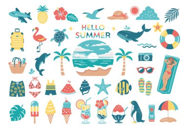 Yaz ve deniz çizimleri. Tropik, seyahat, ikon, plaj