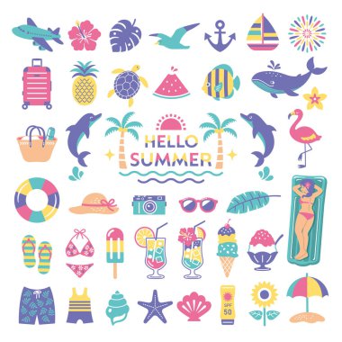 Yaz ve deniz çizimleri. Tropik, seyahat, ikon, plaj