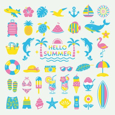 Yaz ve deniz çizimleri. Tropik, seyahat, ikon, plaj