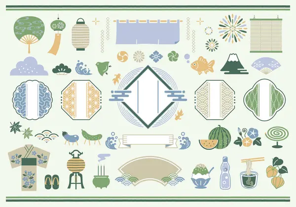 stock vector Japanese pattern frame and Japanese style summer vector illustration set