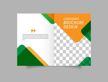 Sarı ve yeşil üçgenli çift katlı broşür. Kitap kapağı tasarımı. Baskı broşürü. Katalog Vektörü