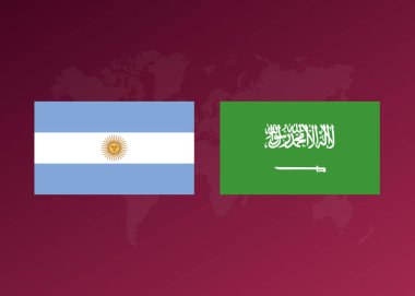 Arjantin ve Suudi Arabistan takımları arasındaki maçın futbol posteri. Vektör grafikleri. Dünya haritalı arkaplan.
