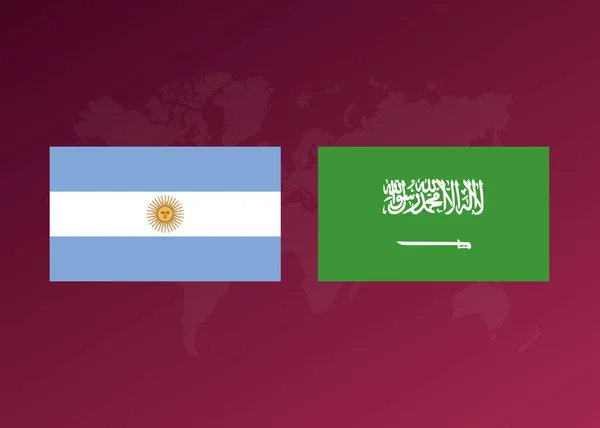 Arjantin ve Suudi Arabistan takımları arasındaki maçın futbol posteri. Vektör grafikleri. Dünya haritalı arkaplan.