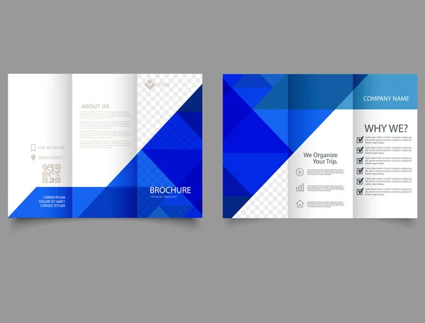 Drievoudige Brochure Met Blauwe Driehoeken Corporate Brochure Drievoudig Template Design — Stockvector