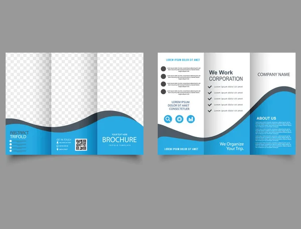 Brochure Trifold Con Onde Blu Opuscolo Aziendale Trifold Template Design — Vettoriale Stock