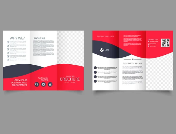 Drievoudige Brochure Met Rode Golven Brochure Flyer Rapport Sjabloon Kaarten — Stockvector