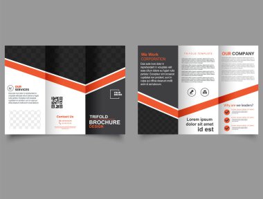 Siyah ve turuncu renkli üç katlı broşür. Tasarım elemanları ile düzenlenebilir vektör şablonları