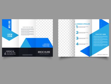 Üç katlı broşür tasarım şablonu, poster raporu broşürleri sunum broşürü yıllık kitap kapağı broşürü, mavi renk vektör resimli a4 baskı düzeni