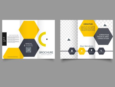 Sarı altıgenli üç katlı broşür. Şirket üç katlı broşür. Modern, yaratıcı ve profesyonel üçlü katlama vektör tasarımı