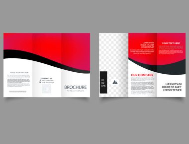 Dalgalı üç katlı kırmızı broşür. Broşür Flyer rapor şablonu vektör minimal düz tasarım.