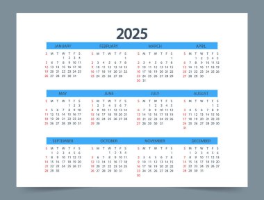 Takvim 2025 Yıl modeli. Mevsimler ve aylar, web siteleri ve uygulamalar için şablon. Vektör illüstrasyonu